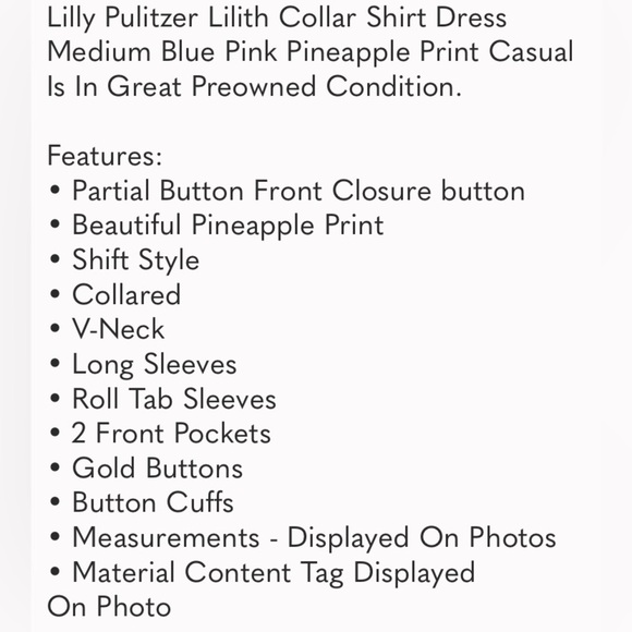 Lilly Pulitzer Lilith Collar Shirt Dress Medium Blue Pink Pineapple Prin… - Picture 7 of 7